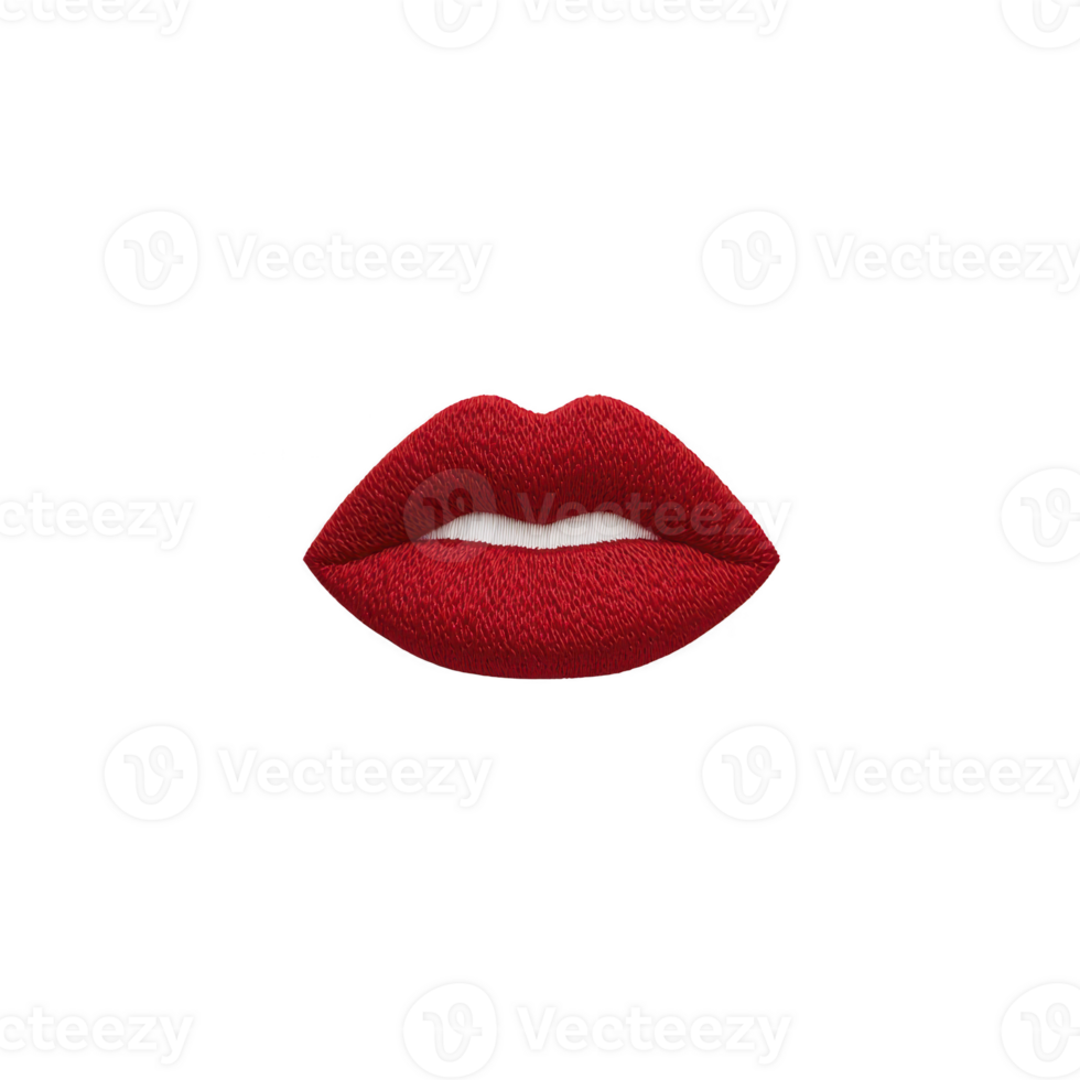 Red embroidered lips patch transparency background, showcasing vibrant color and texture, ideal for fashion or craft projects. design is bold and eye catching, perfect for adding flair to clothing png