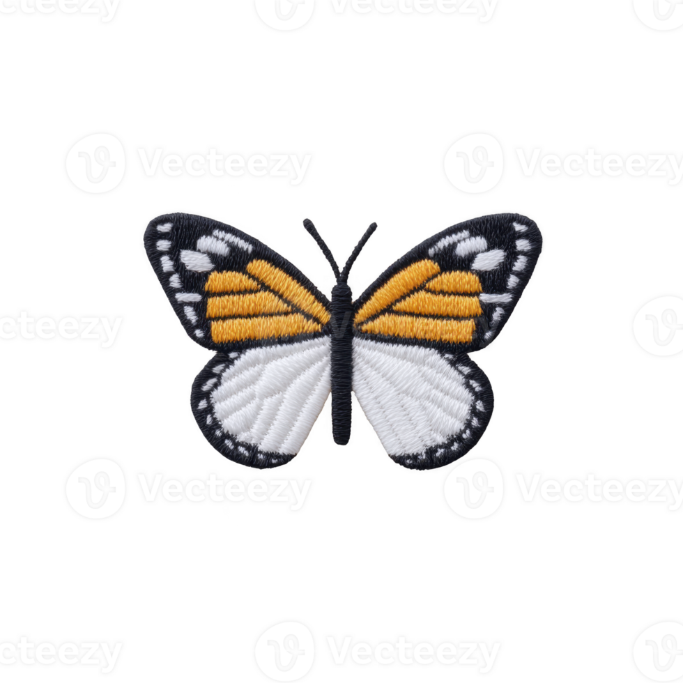 Vibrant embroidered butterfly patch with orange, black, and white details, showcasing intricate stitching and symmetrical design, perfect for clothing or accessories png