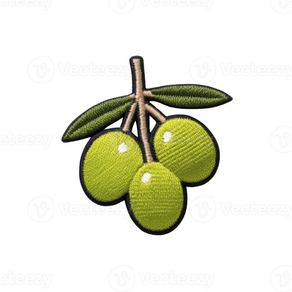 Vibrant embroidery design of three green olives with leaves on branch, showcasing intricate stitching and texture. design is set against plain background, highlighting craftsmanship png