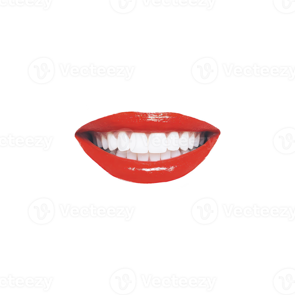 Vibrant image of smiling mouth with bright red lipstick and white teeth, conveying sense of joy and confidence. glossy lips stand out against plain background png
