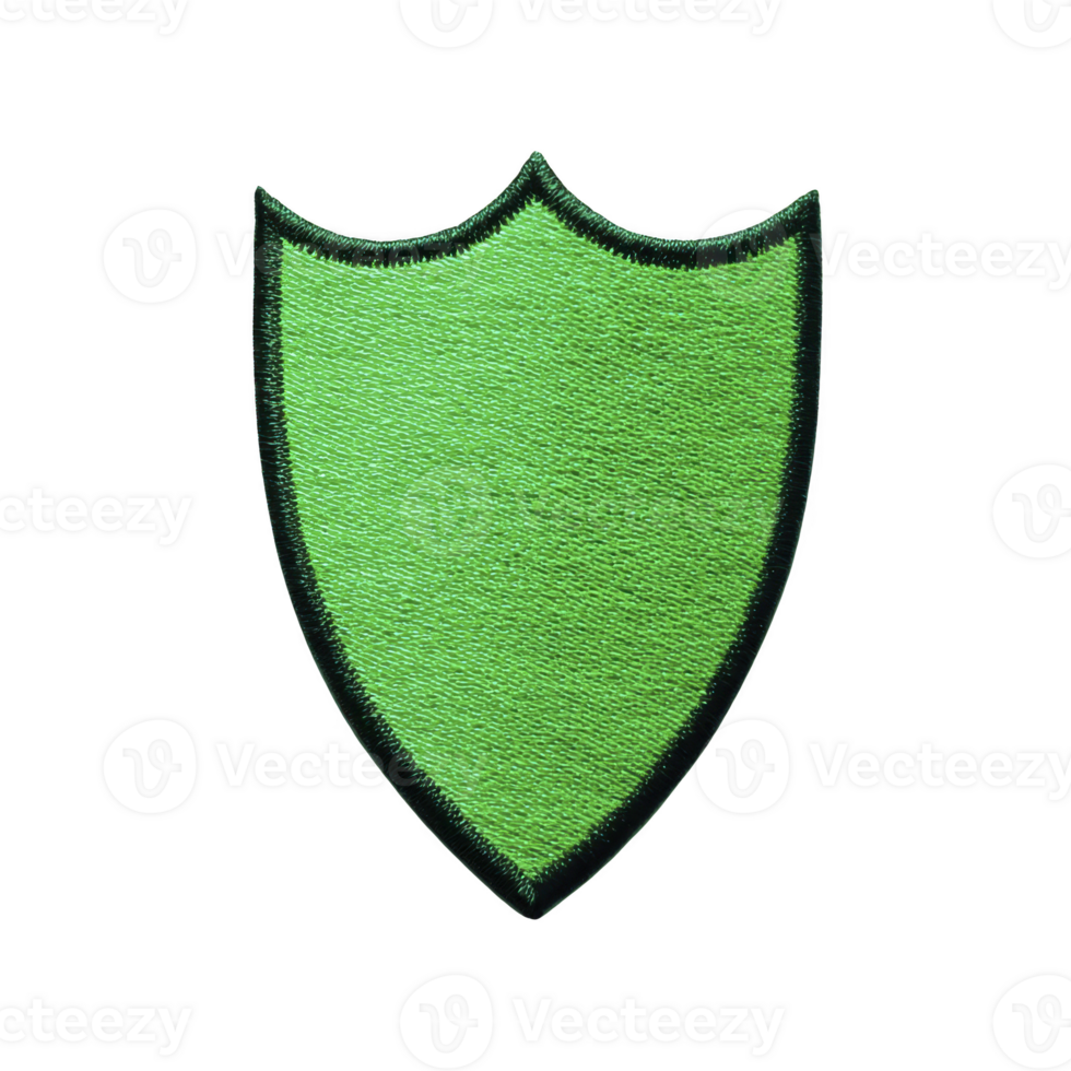Green embroidered shield patch with black border, symbolizing protection and security, is displayed on transparency background. texture and color give it vibrant and sturdy appearance png