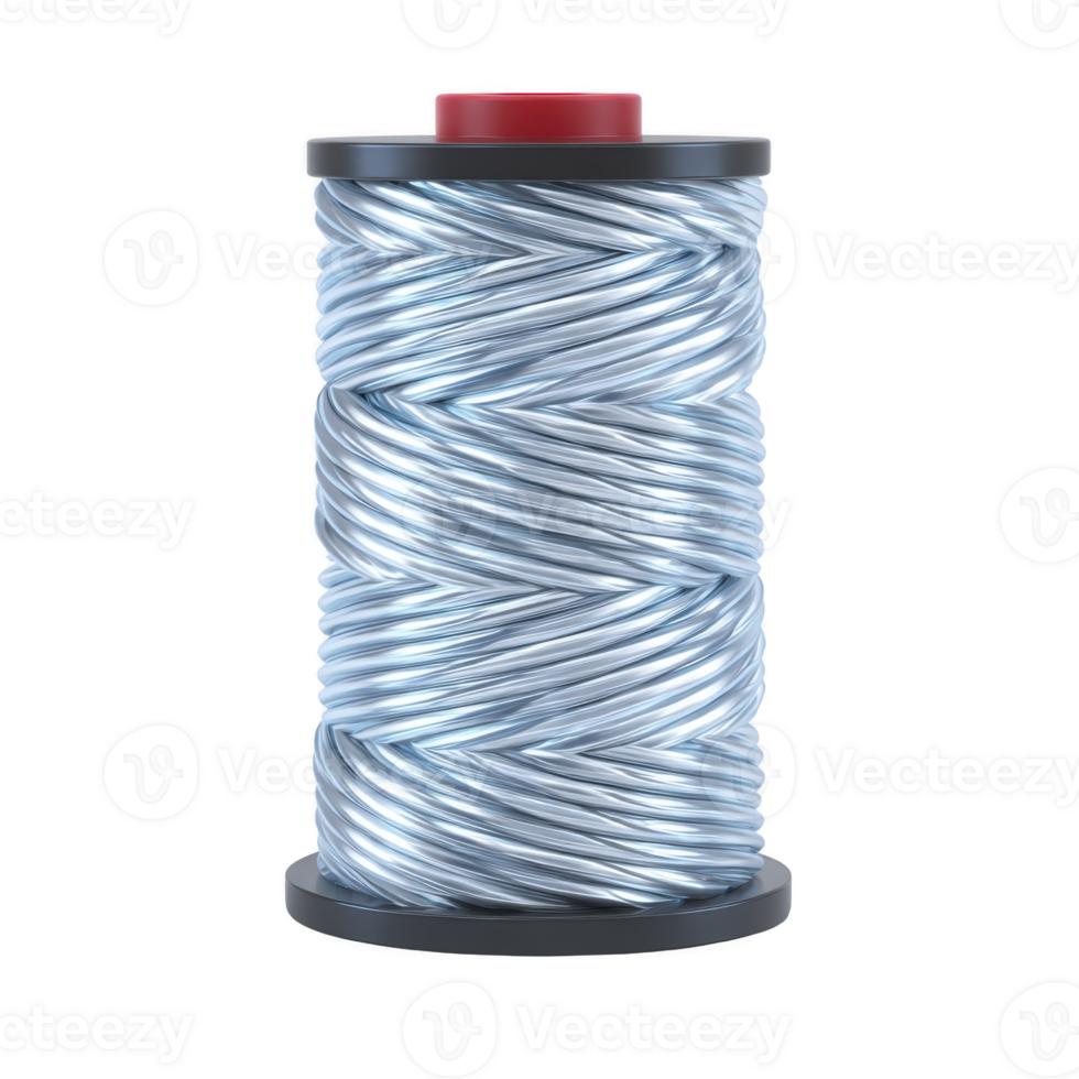Spool of shiny silver thread with red top and black base, showcasing tightly wound, metallic appearance. thread reflective surface gives it sleek, modern look png