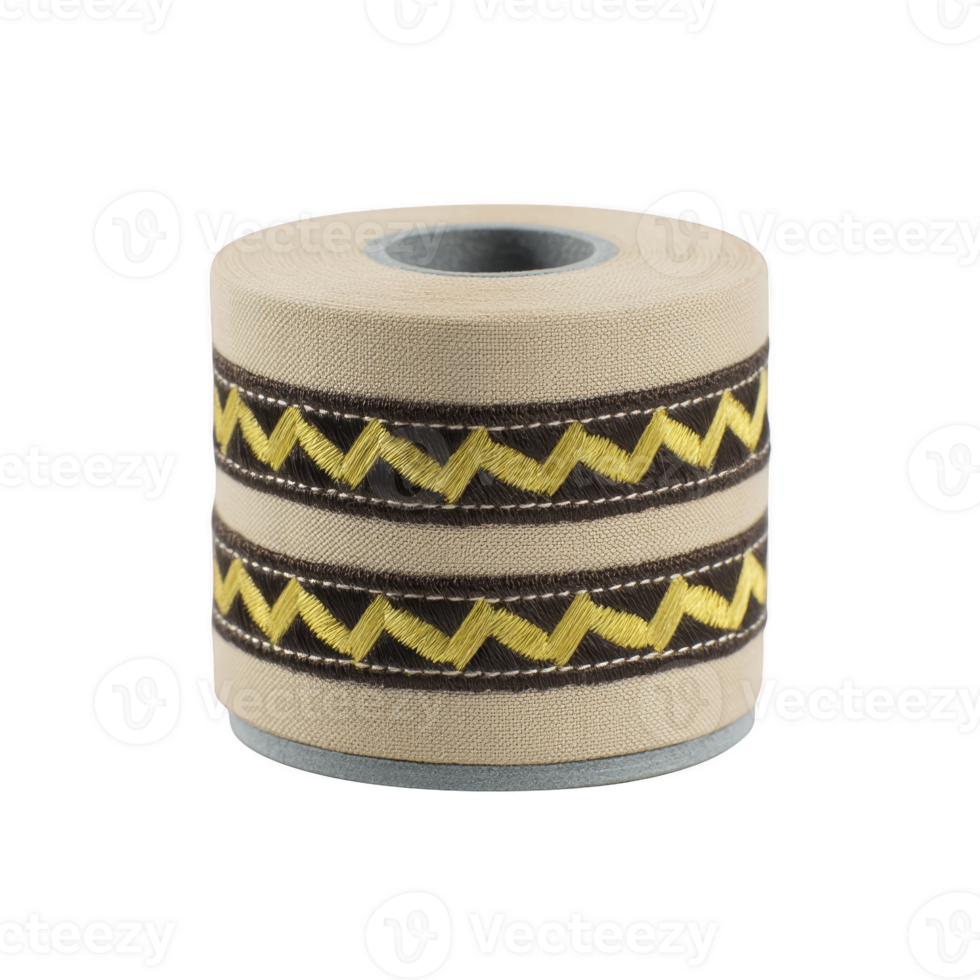 Roll of beige fabric tape with decorative yellow zigzag patterns and brown accents, used for crafting or sewing projects. design adds stylish touch to various creative applications png