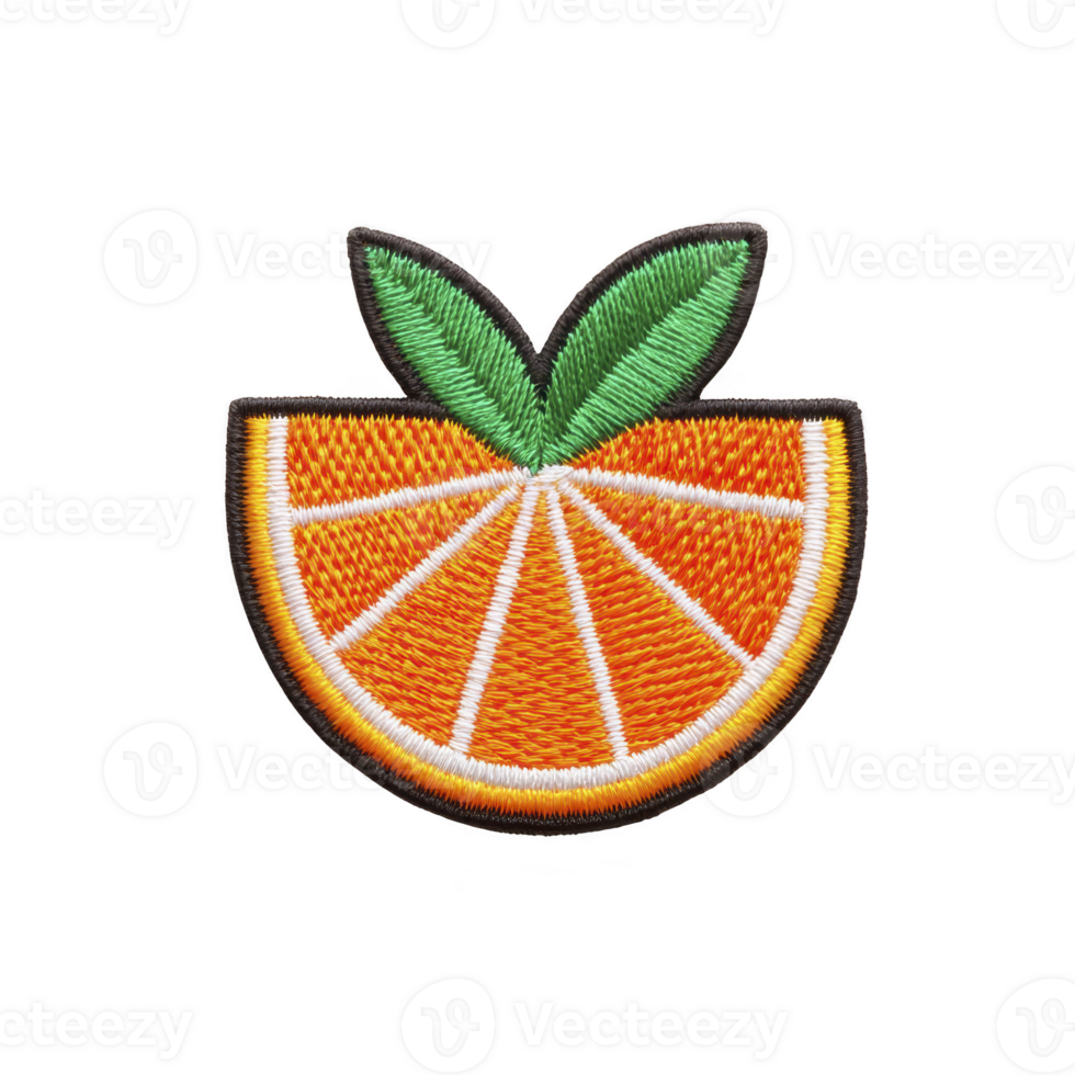 Vibrant embroidered patch of orange slice with green leaves, showcasing intricate stitching and playful design. Perfect for adding fruity touch to clothing or accessories png