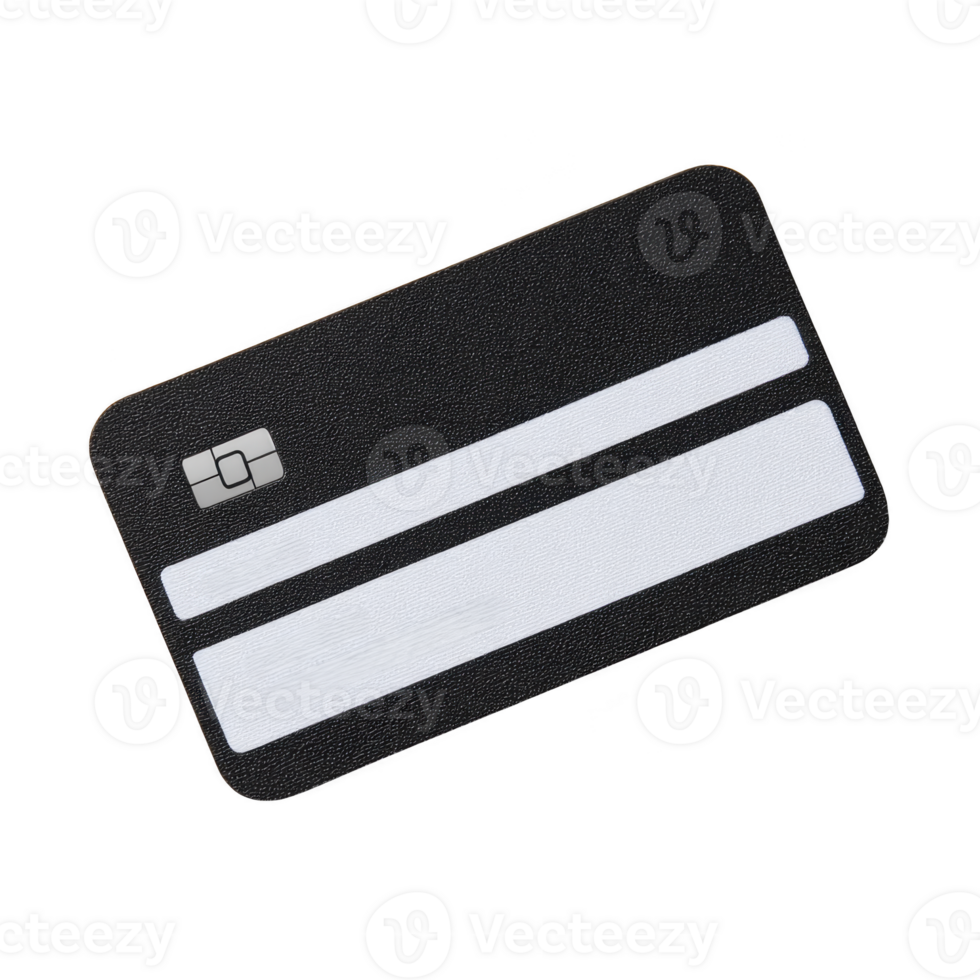 Black credit card with chip and two white magnetic stripes is shown on transparency background. card is angled slightly, highlighting its sleek design png