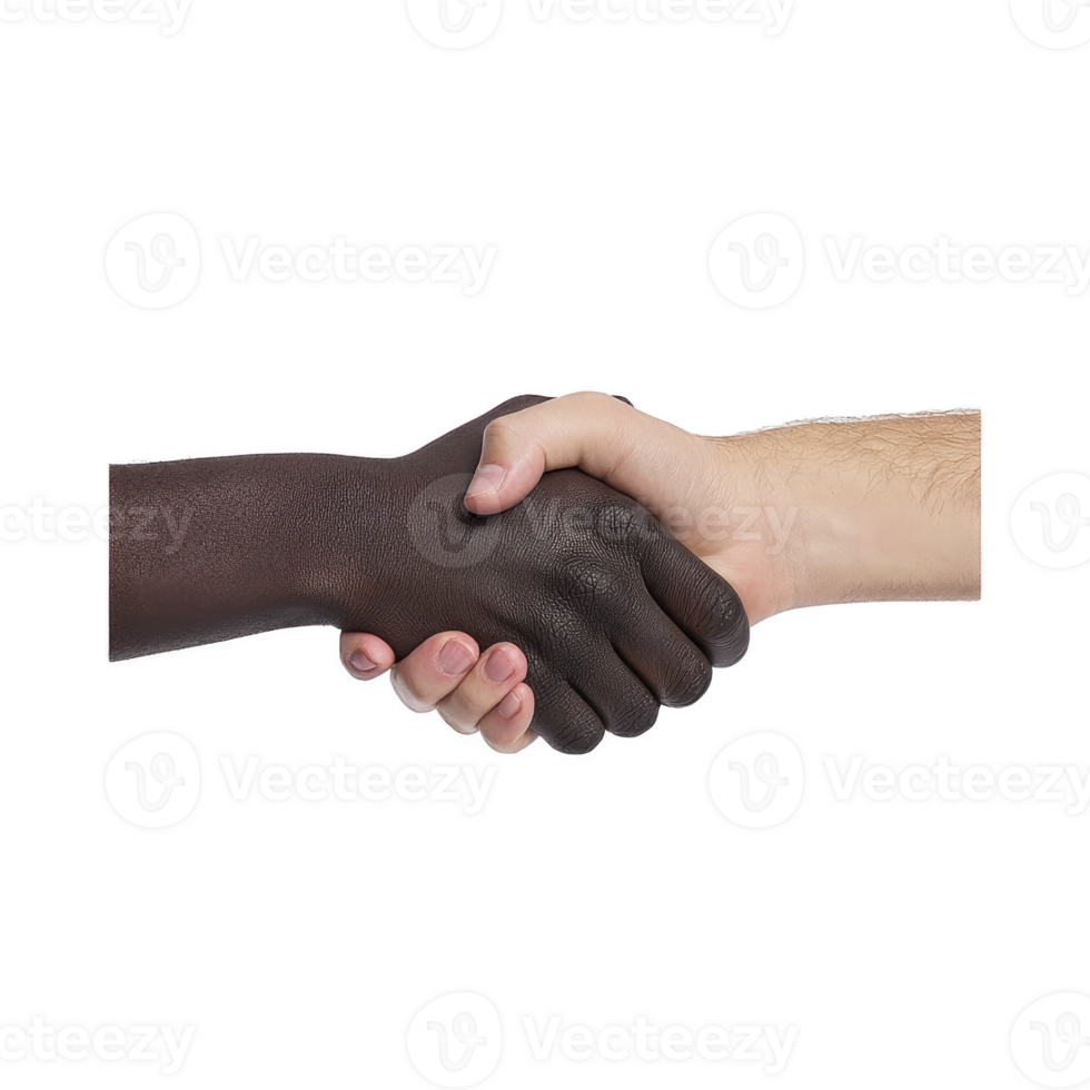 Handshake between two individuals of different skin tones symbolizes unity and cooperation. image conveys message of diversity and mutual respect png
