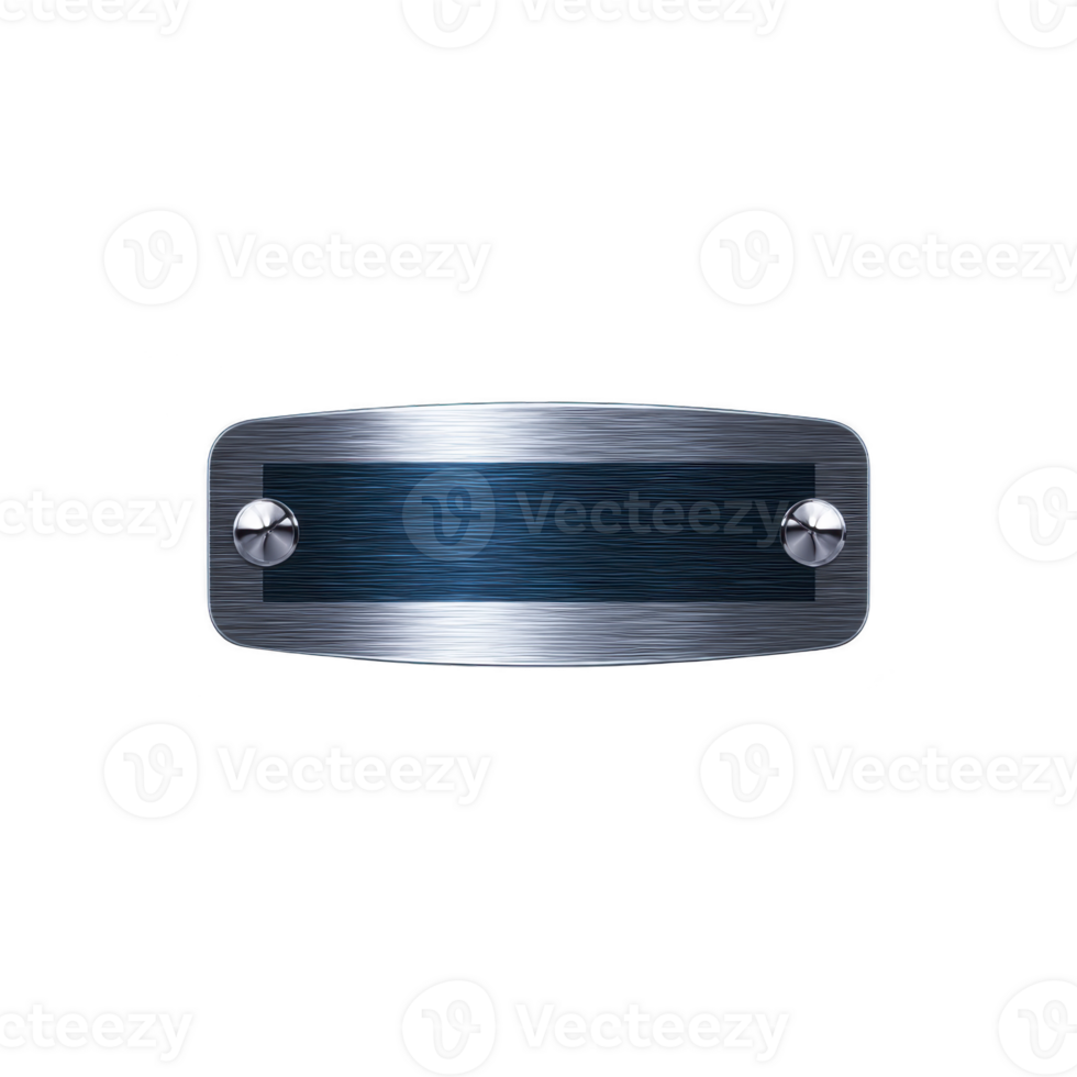 Metallic nameplate with brushed texture and two screws on each side, set against transparent background, conveys sleek and industrial design png