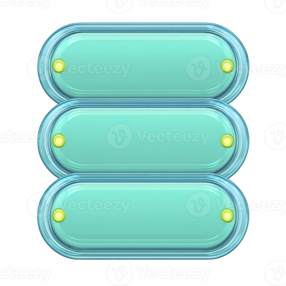 Three turquoise, oval shaped buttons with glossy finish and yellow circular accents are aligned vertically, creating modern and sleek design png