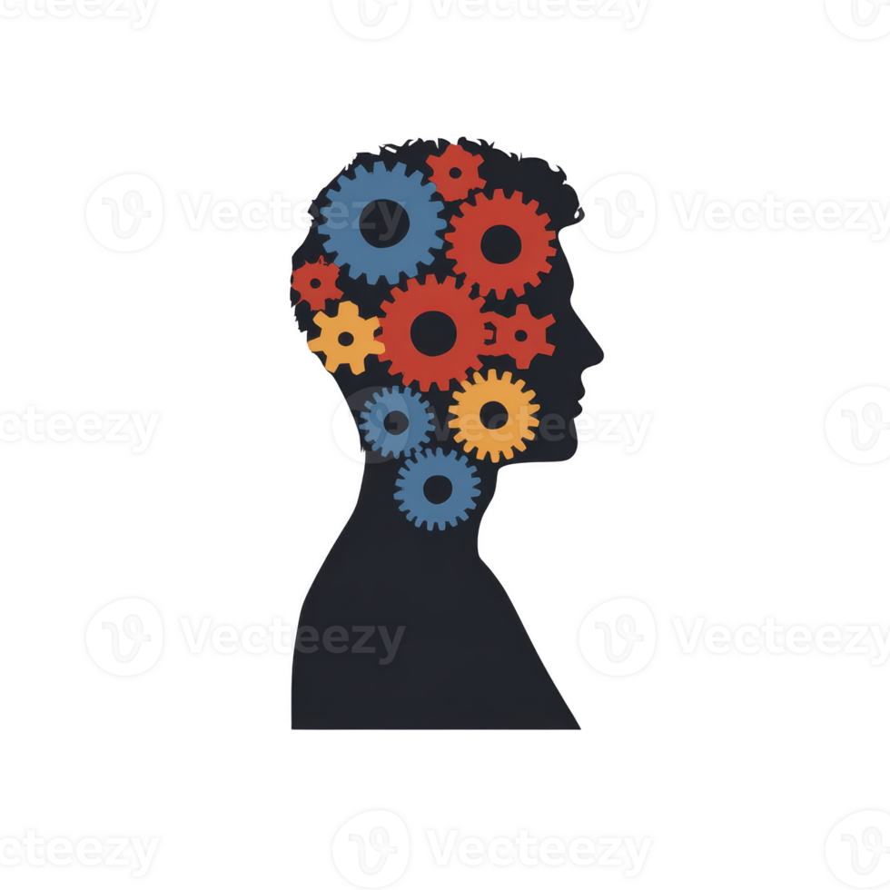 Silhouette of human head filled with colorful gears symbolizes concept of thinking, creativity, and problem solving. gears in red, blue, and yellow represent mind complex processes png