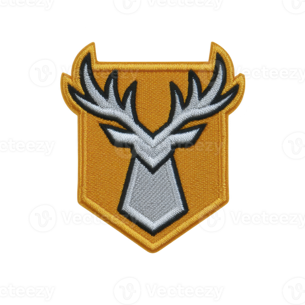 Stylized embroidered patch features gray deer head with antlers on yellow shield shaped background, symbolizing strength and nature. design is bold and eye catching png