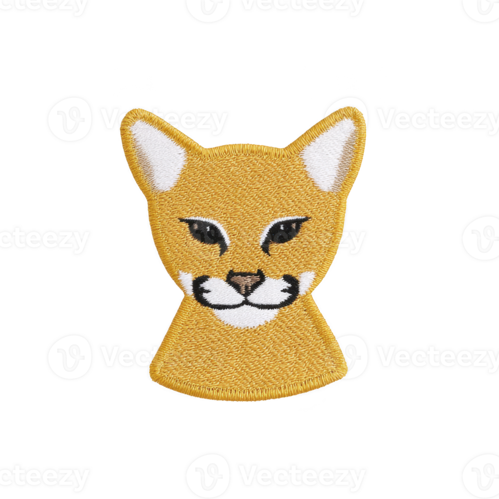 Cute embroidered patch of cat face with yellow fur and white accents, featuring black eyes and playful expression. patch is isolated on transparency background png