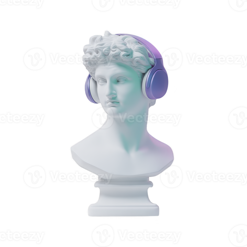 Classical white marble bust wearing modern purple headphones, blending ancient art with contemporary technology. statue expression is thoughtful, creating unique fusion of past and present png