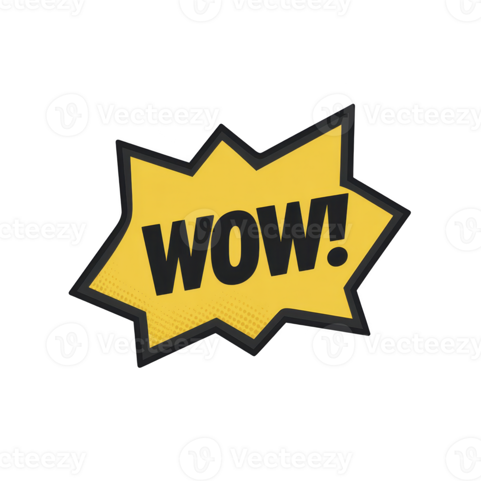 Yellow comic style speech bubble with word WOW in bold black letters conveys excitement and surprise. jagged edges add dynamic, energetic feel png