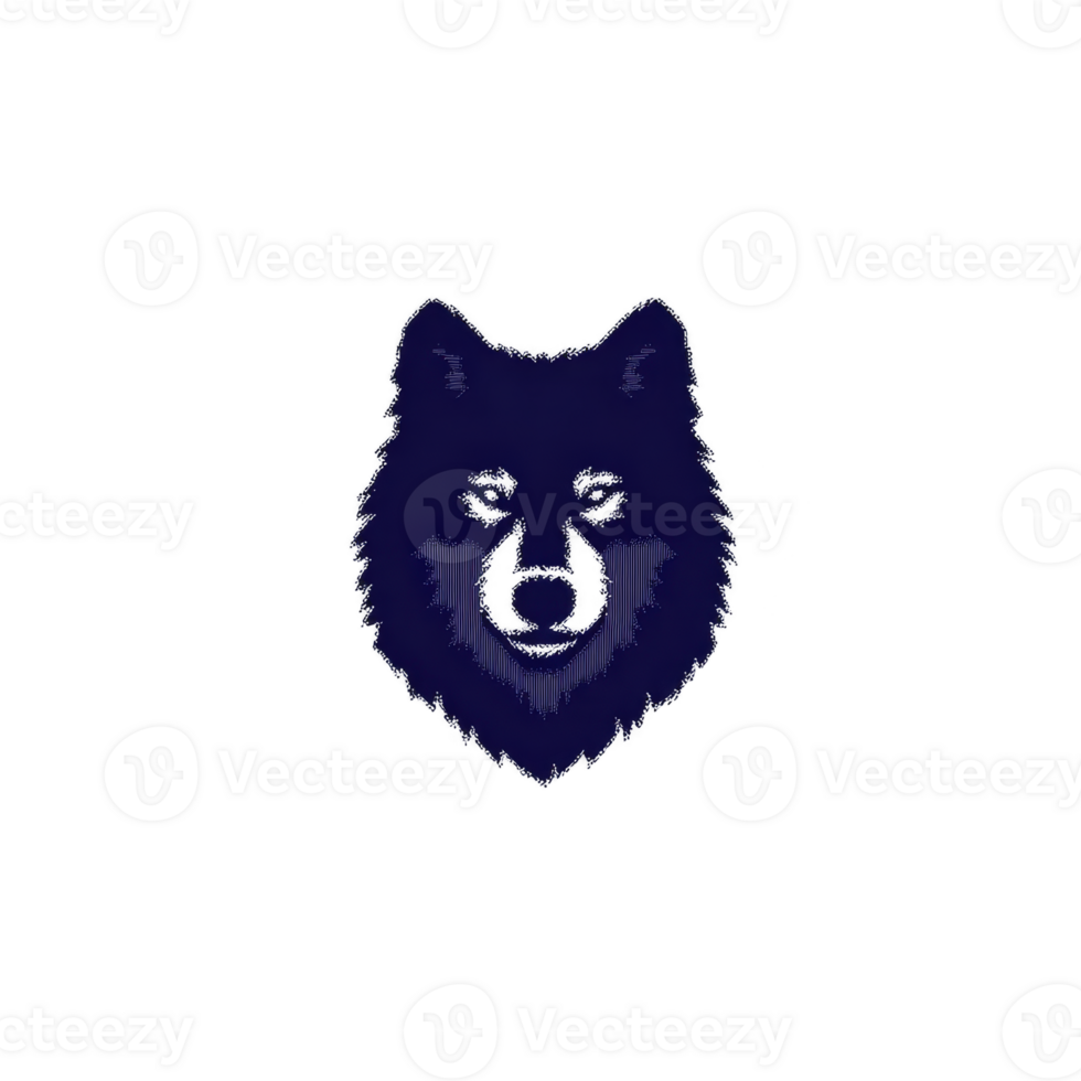 Stylized, dark blue wolf head logo with minimalist design, featuring sharp lines and symmetrical shape, set against transparent background. logo conveys strength and mystery png