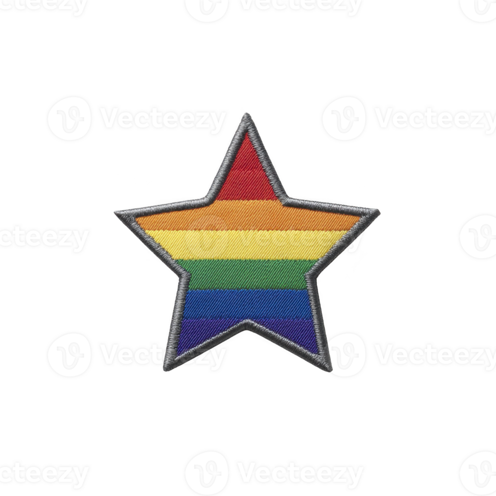 Star shaped patch with rainbow stripes symbolizes LGBTQ pride and inclusivity. vibrant colors create sense of unity and celebration png