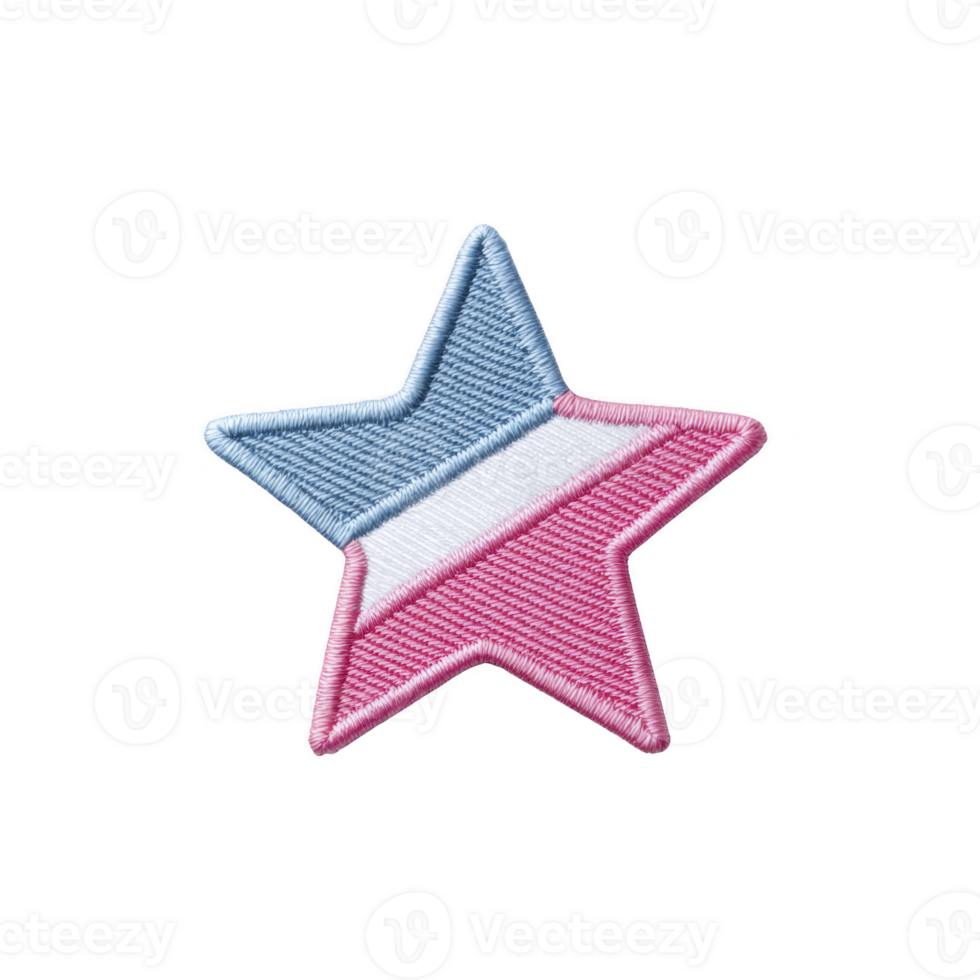 Star shaped embroidered patch features design with blue, white, and pink sections, creating vibrant and eye catching accessory png