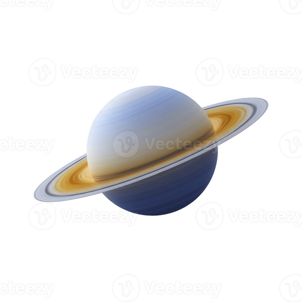 Digitally rendered image of planet Saturn showcases its iconic rings and spherical shape against transparency background. planet surface features shades of blue and beige, creating striking visual png