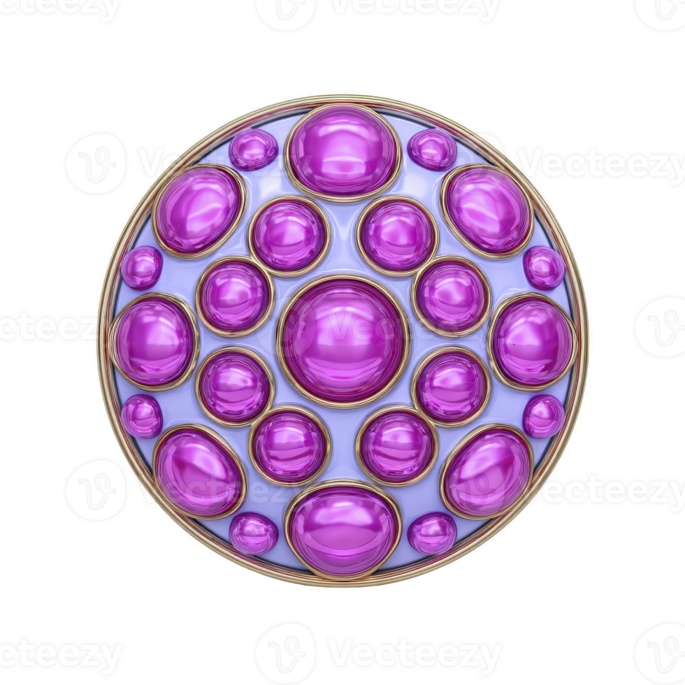 Circular design features multiple purple gemstones set in gold frame against light blue background, creating elegant and luxurious appearance png