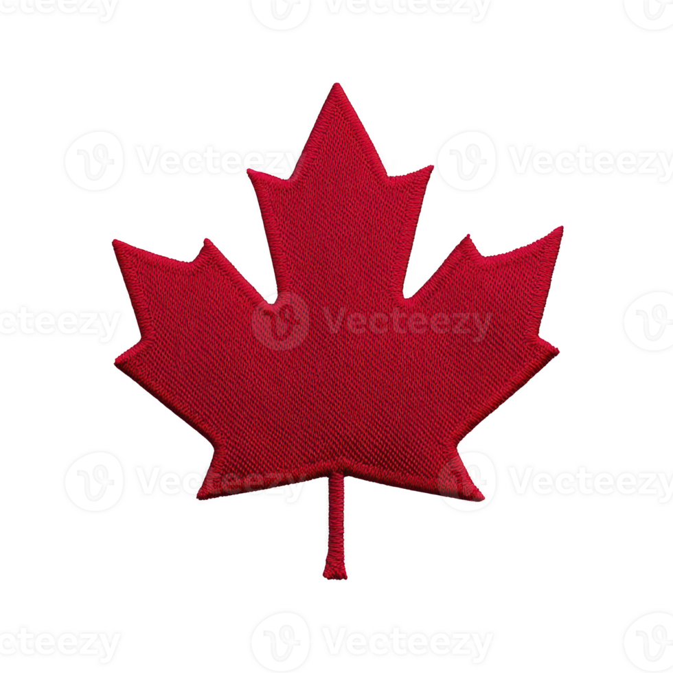 Red maple leaf emblem, symbolizing Canada, is depicted with textured fabric appearance, conveying sense of national pride and identity png