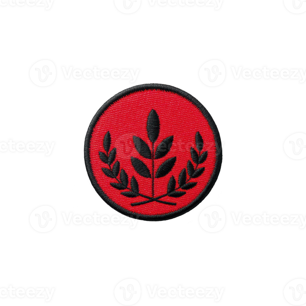 Red circular patch features black laurel wreath design, symbolizing victory and honor. simple yet bold design stands out against red background png