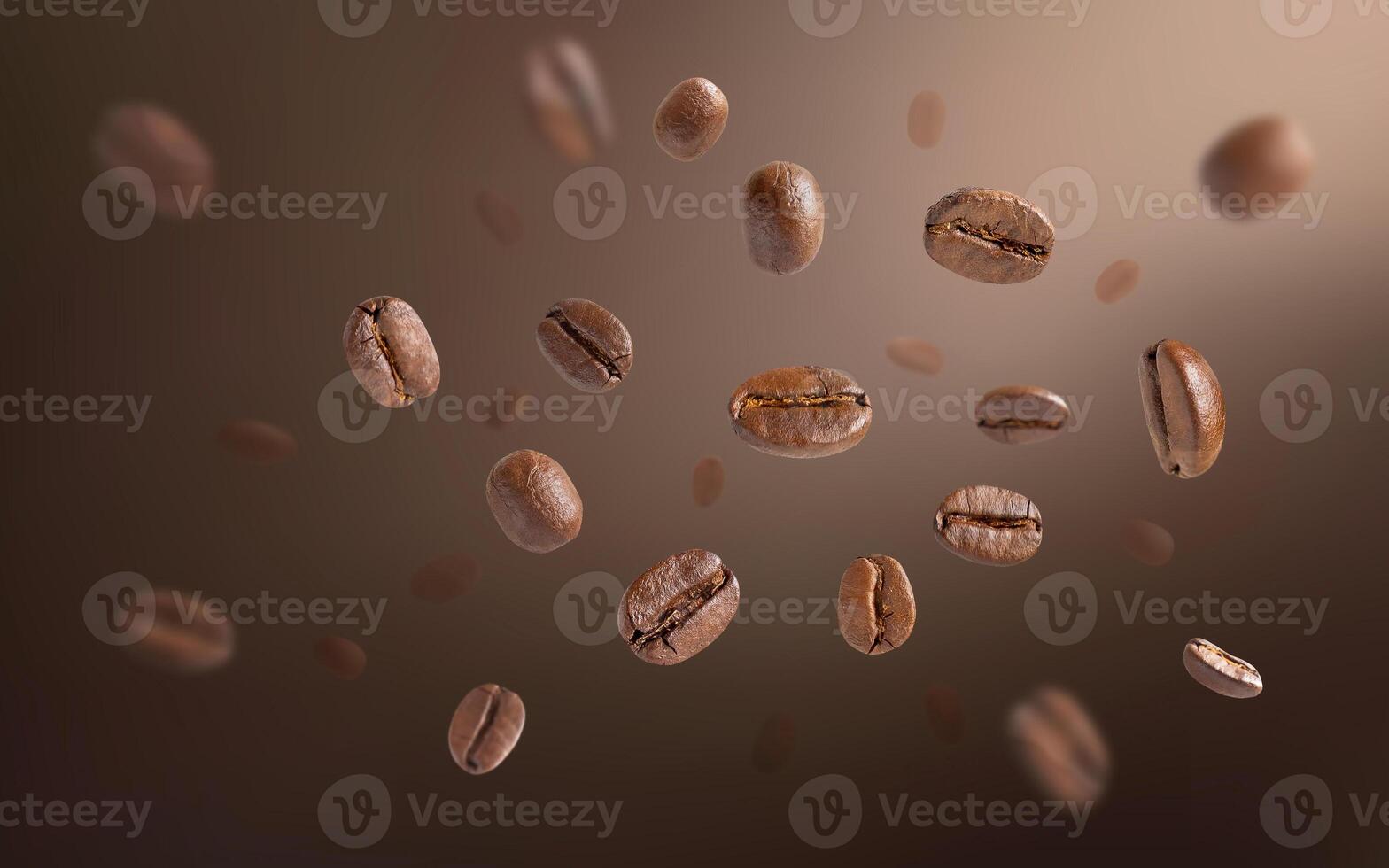 Roasted coffee beans levitate with dark background. Coffee beans flying and falling use for background. Close up. photo