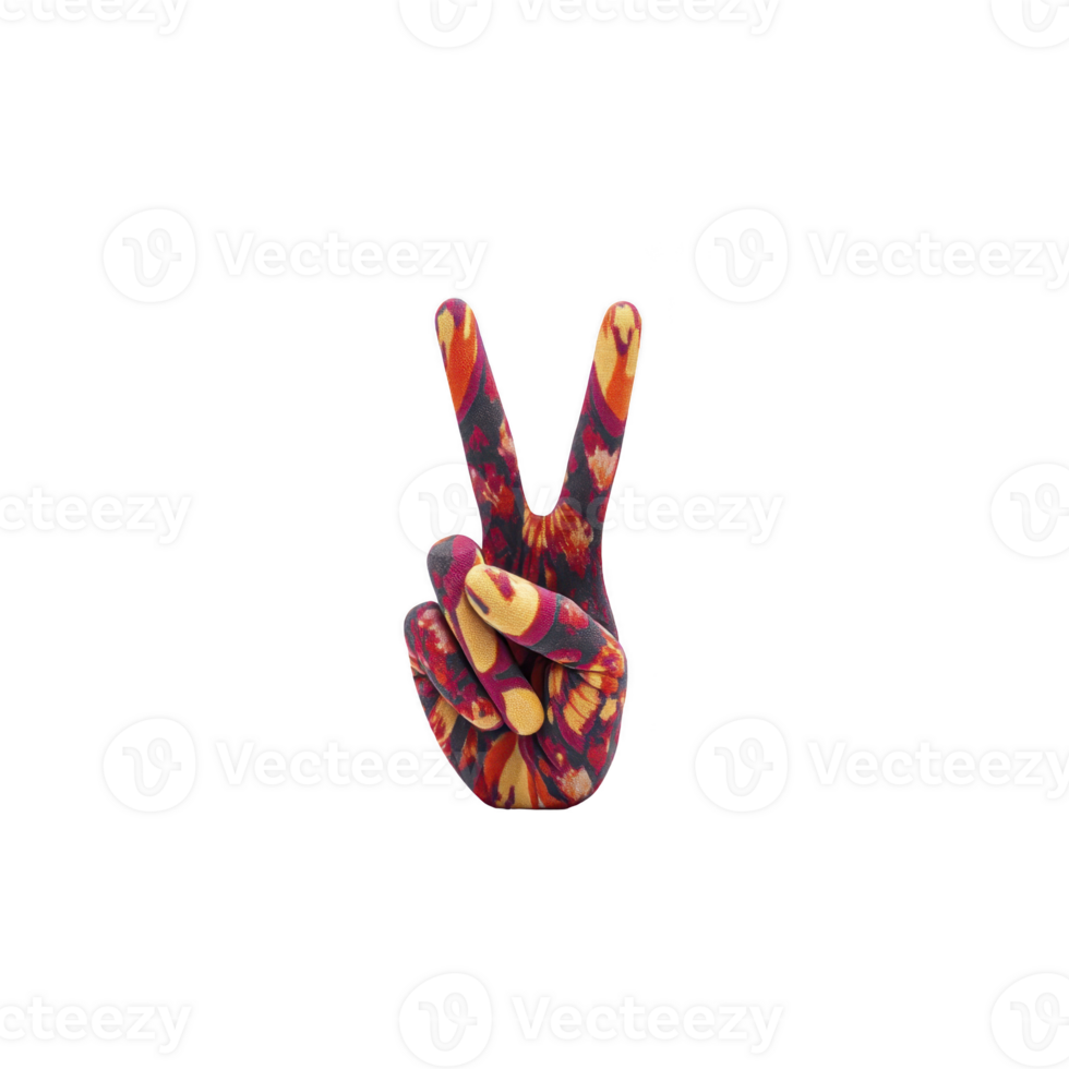 Colorful hand making peace sign is adorned with vibrant floral pattern, symbolizing harmony and creativity. design is eye catching and artistic, conveying message of positivity png