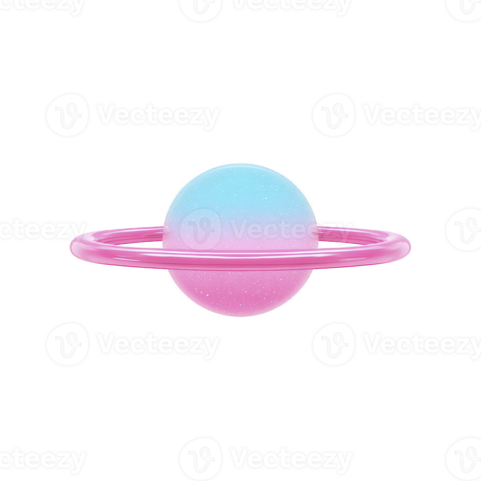 Vibrant, pastel colored planet with pink ring, resembling whimsical, cosmic object. planet features gradient of blue to pink, creating dreamy, otherworldly appearance png