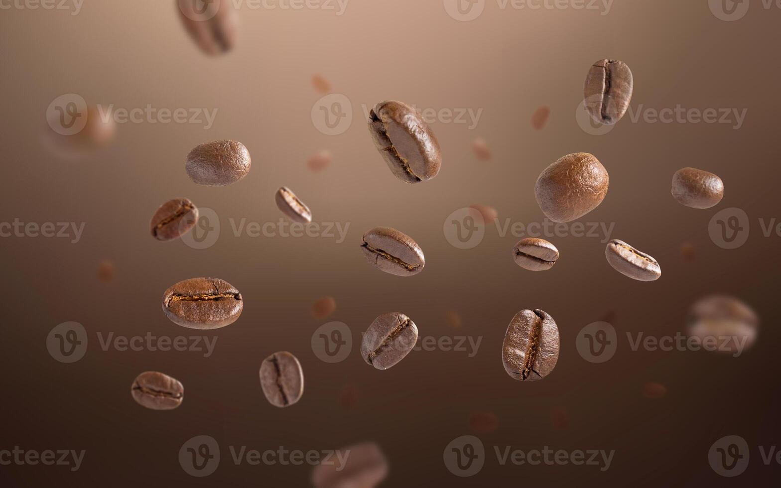 Roasted coffee beans levitate with dark background. Coffee beans flying and falling use for background. Close up image. photo