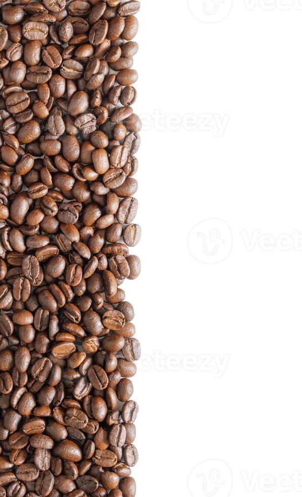 Roasted coffee beans on white background. Coffee beans background with area for copy space. Close up images. photo