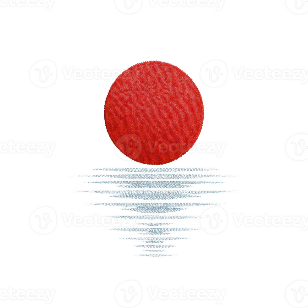 Red circle resembling sun is reflected on calm water surface, creating serene and minimalist design. image evokes tranquility and balance png
