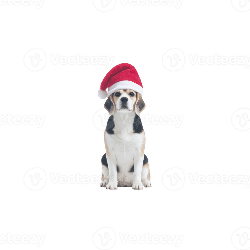 Cute beagle dog wearing Santa hat sits against transparency background, exuding festive and cheerful vibe. dog attentive expression adds to holiday spirit png