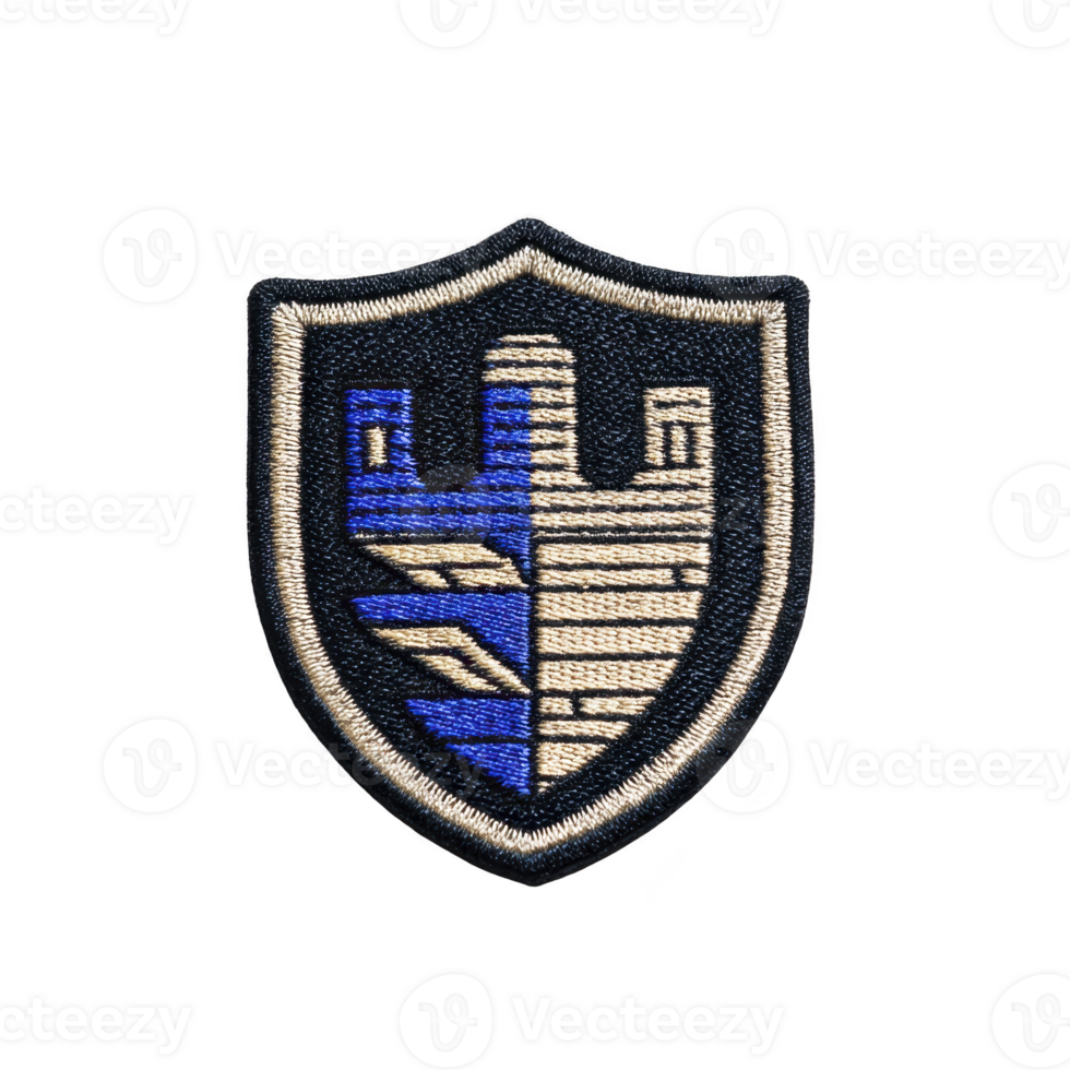 This shows embroidered patch featuring shield design with stylized castle motif blue and beige colors. patch has transparency background and border that outlines shield shape.Embroidered patch png