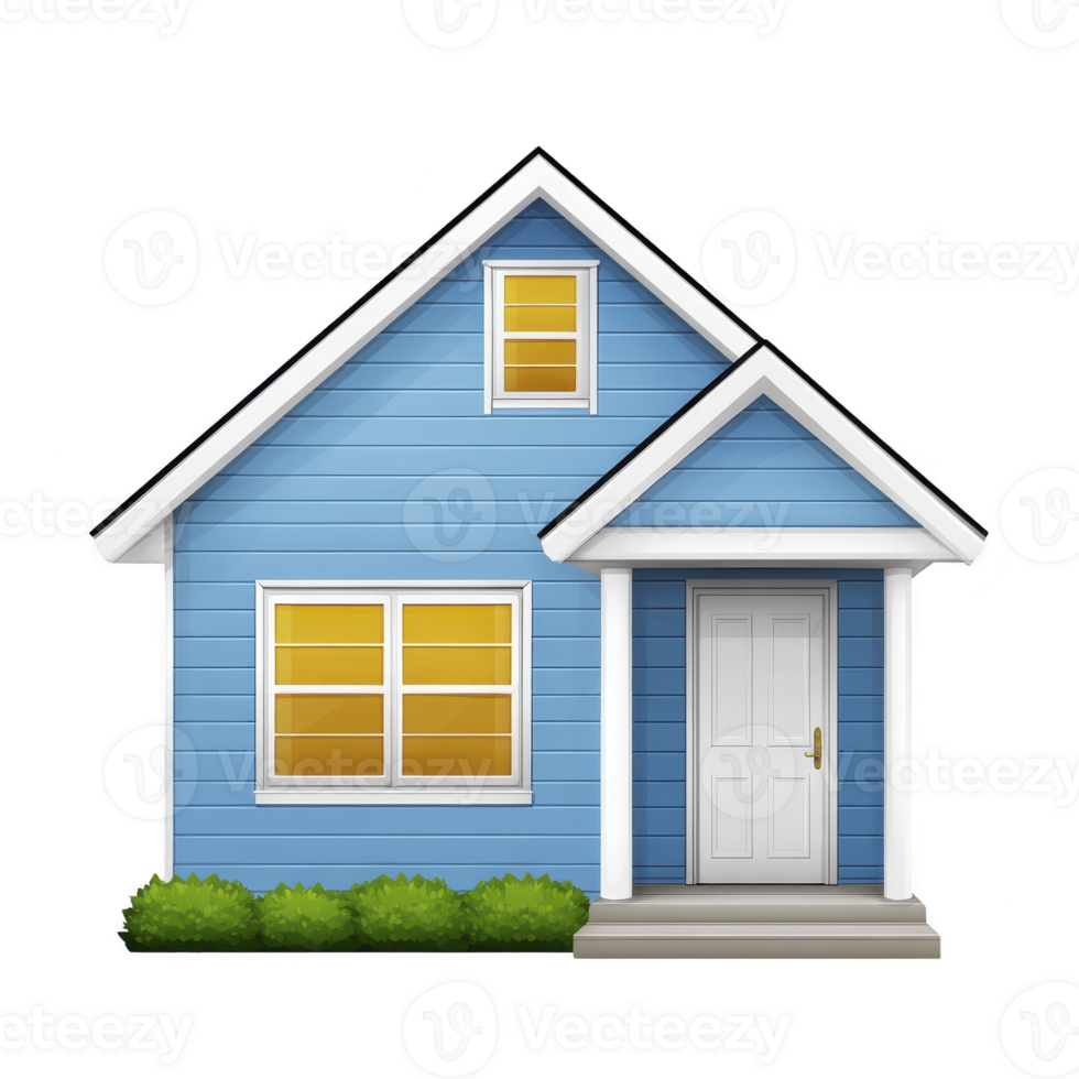 Charming blue house with white trim, featuring front porch and single window, evokes cozy and welcoming atmosphere. house is surrounded by small green bushes png