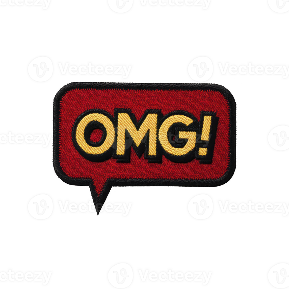 Red speech bubble with text OMG in bold yellow letters, conveying surprise or excitement. design has comic style appearance with black outline, resembling embroidered patch png