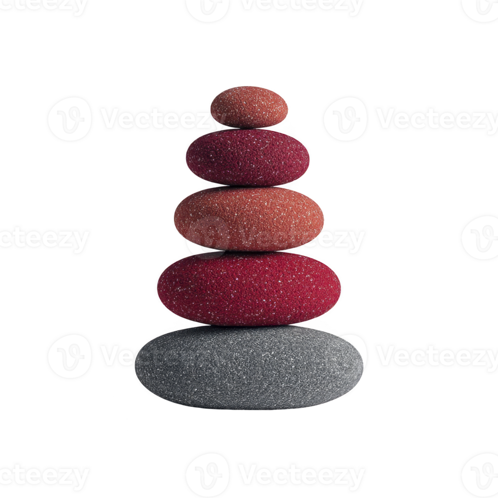 Stack of smooth, colorful stones is arranged in balanced tower, showcasing gradient from gray to red hues. stones are textured and vary in size, creating calming and harmonious visual png
