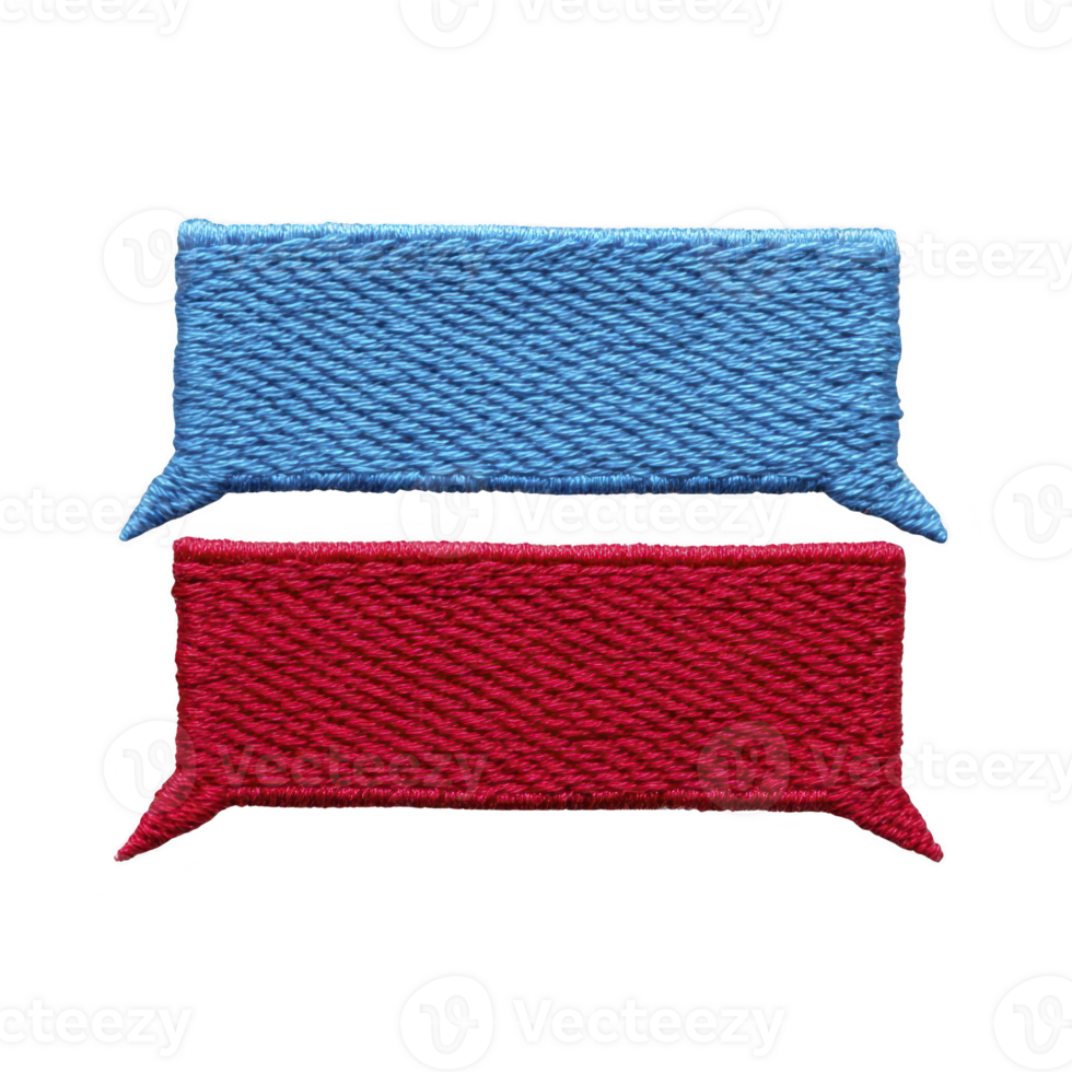 Two embroidered speech bubbles, one blue and one red, are depicted on transparency background, showcasing textured, woven design. These colorful elements symbolize communication and conversation png