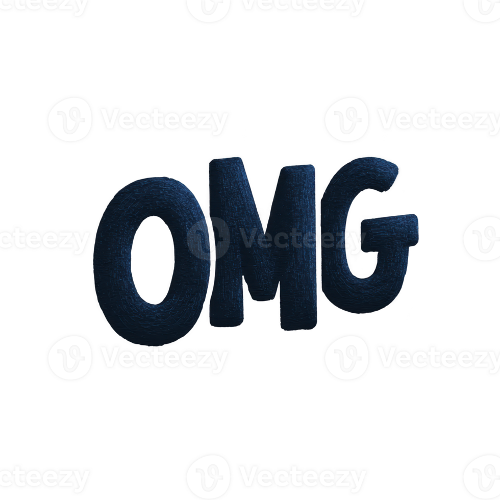 3D text illustration of word OMG in bold, dark blue letters, conveying surprise or excitement. letters have textured appearance, adding depth and dimension to design png