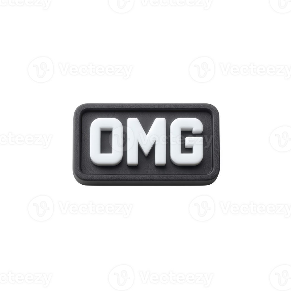 Black rectangular sign with bold white letters spelling OMG conveys surprise or excitement. 3D design adds modern touch, making it suitable for digital communication or social media png
