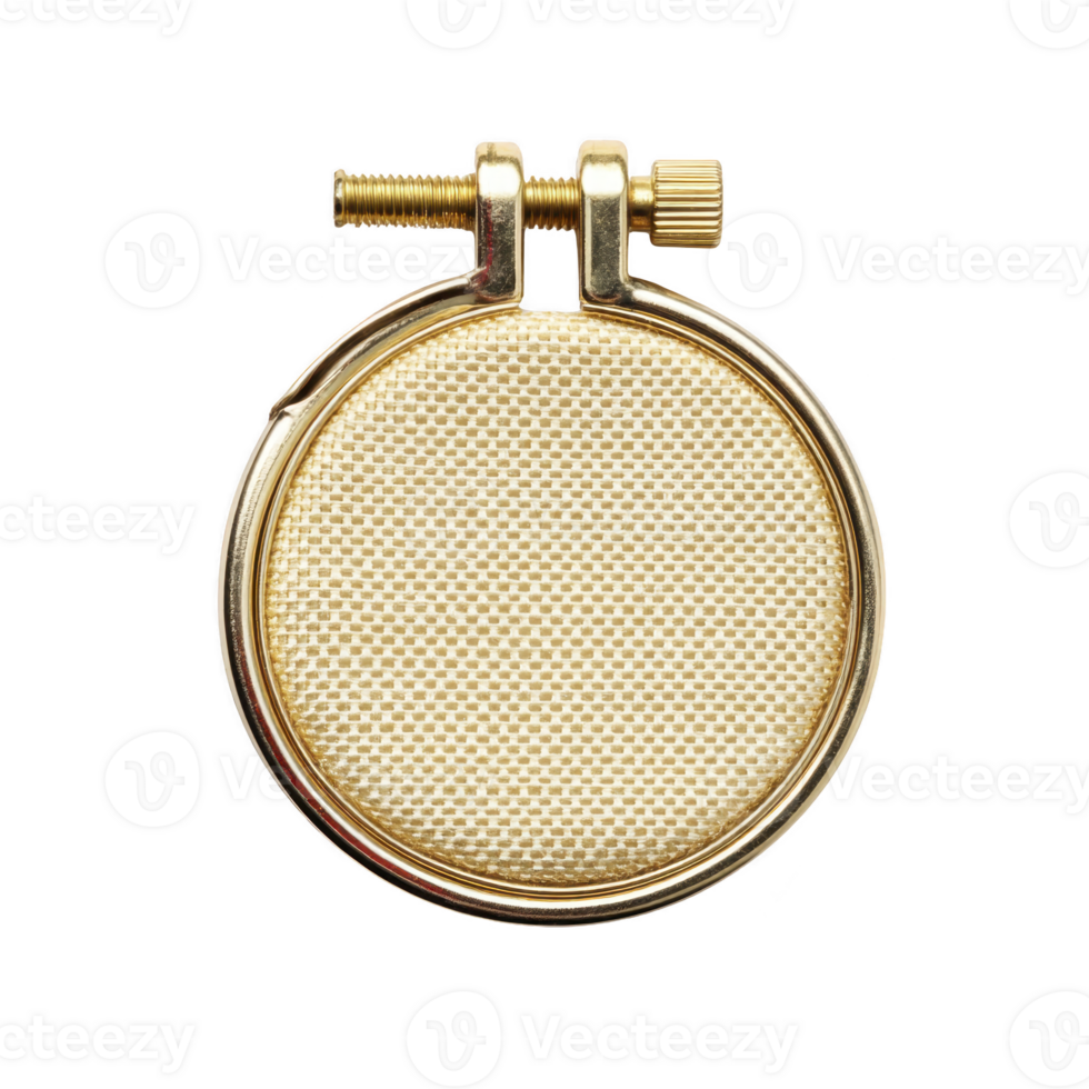 Small, round embroidery hoop with golden finish holds piece of beige fabric, showcasing classic and elegant design. hoop is secured with screw mechanism at top png