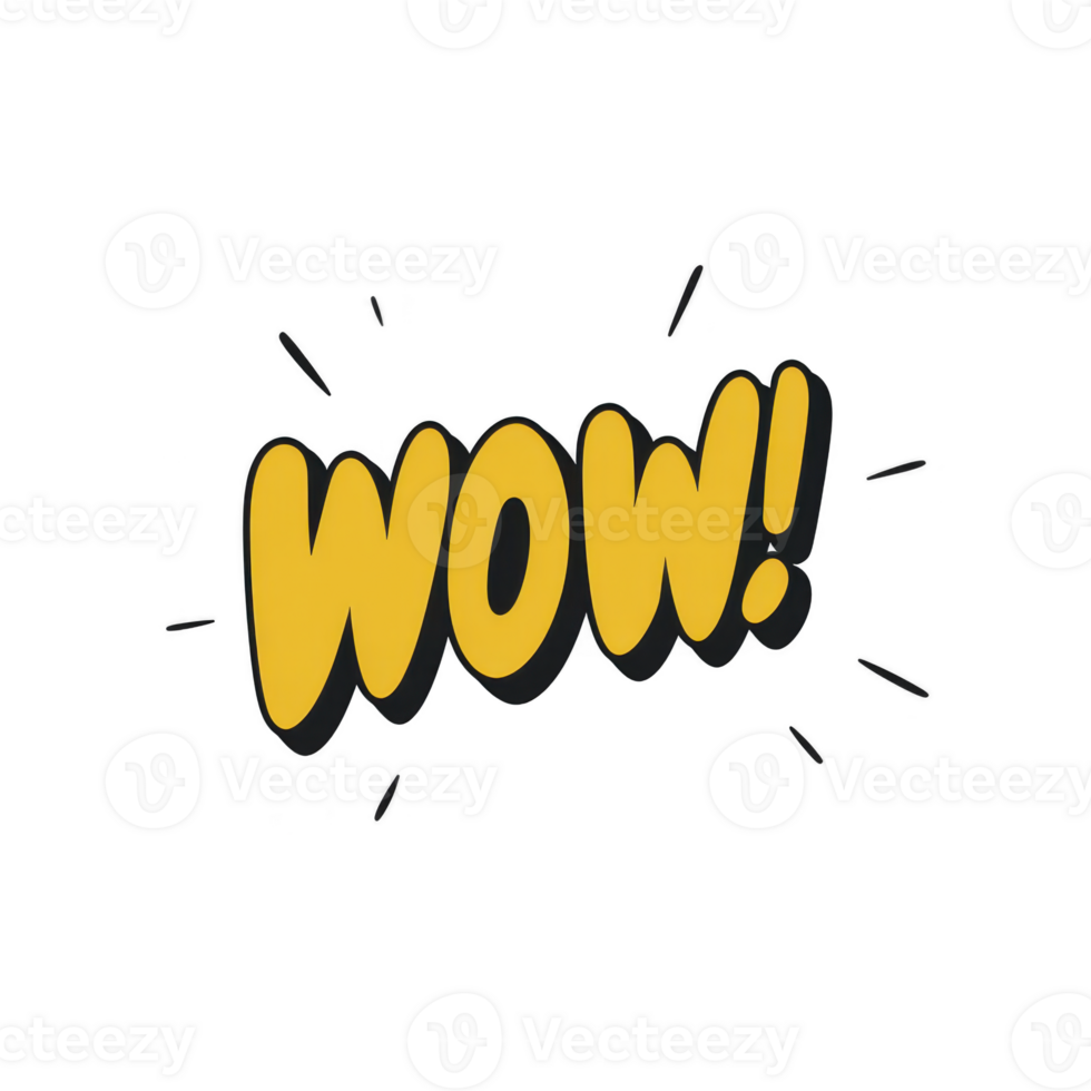 Bold, yellow WOW text with black outline and exclamation mark, surrounded by small lines for emphasis, conveys excitement and surprise png