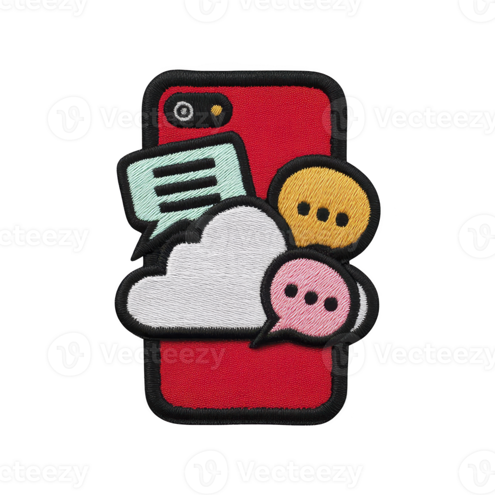 Colorful embroidered patch features red smartphone with speech bubbles and cloud, symbolizing communication and connectivity. design is playful and vibrant png