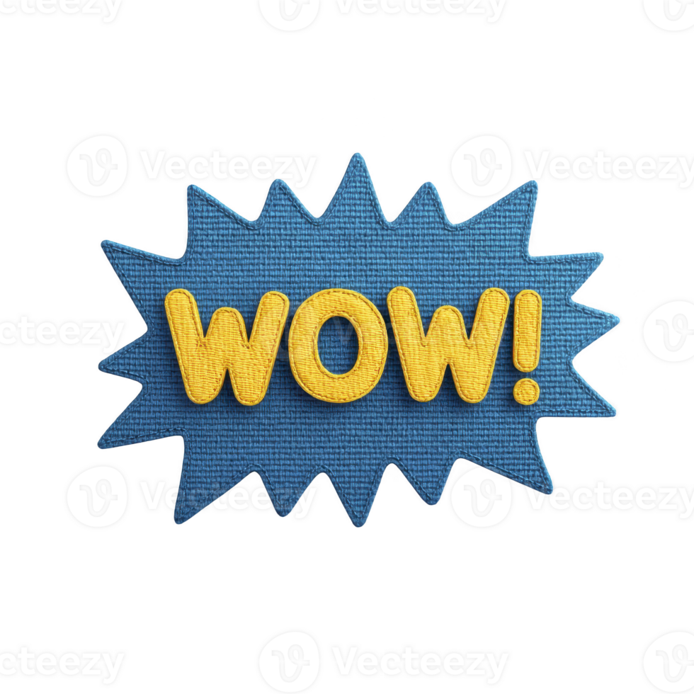 Vibrant blue comic style speech bubble with word WOW in bold yellow letters, conveying excitement and surprise. textured design adds playful and dynamic feel png