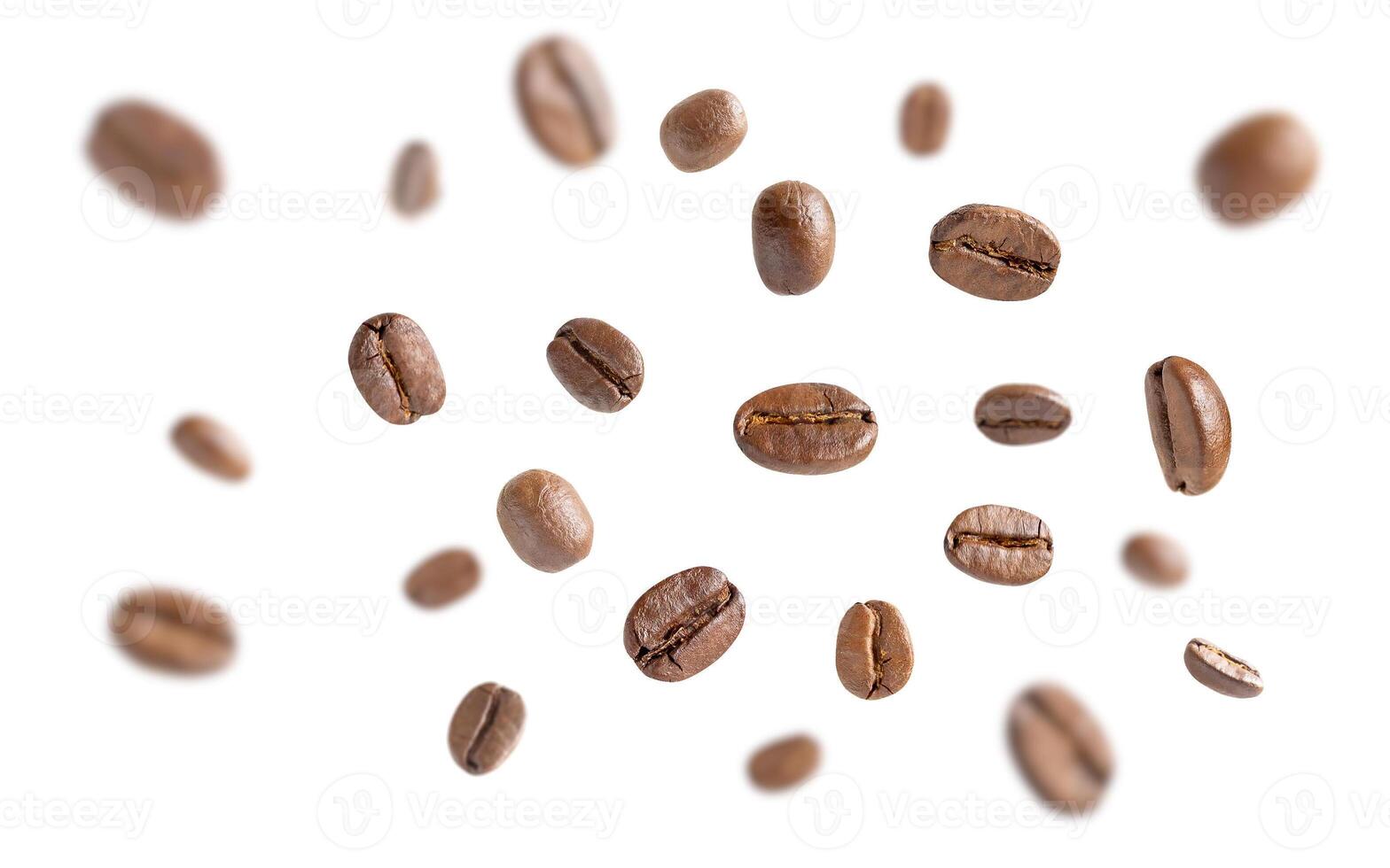 Coffee beans levitate. Roasted coffee beans flying on white background with clipping path. Close up image. photo