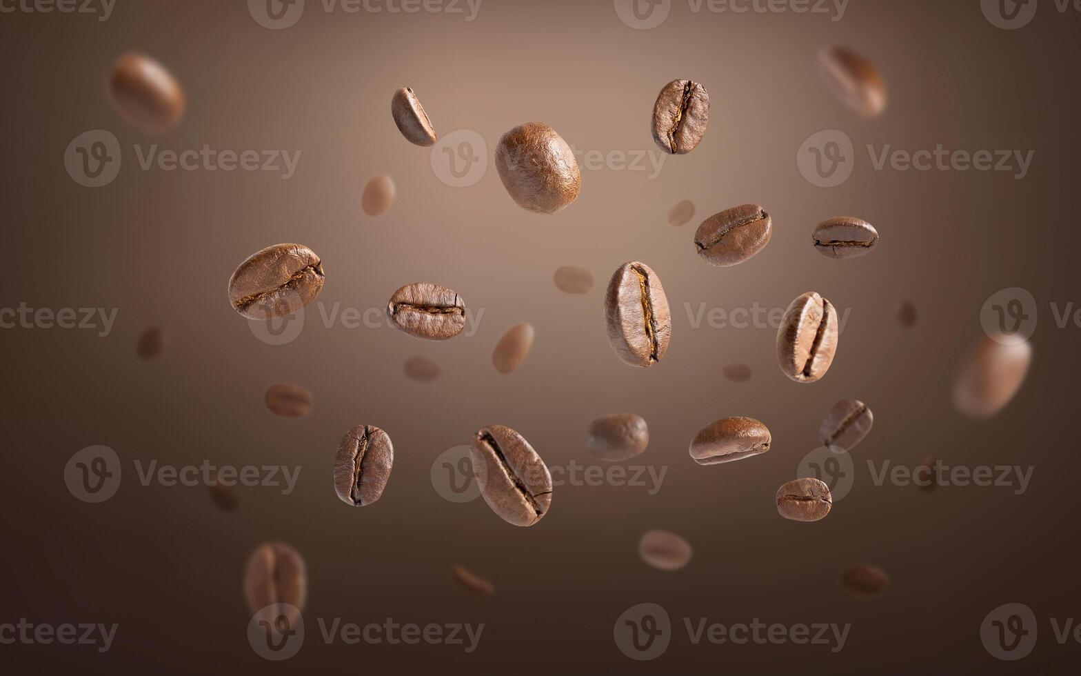Roasted coffee beans levitate with dark background. Coffee beans flying and falling use for background. Close up image photo