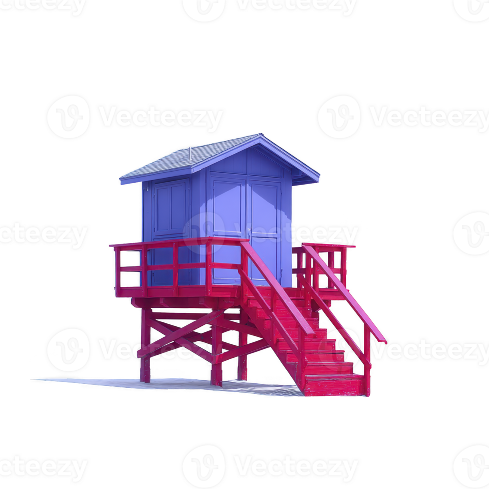 Vibrant purple and pink lifeguard hut stands elevated on stilts with staircase leading up, set against clear background. structure is simple yet eye catching png
