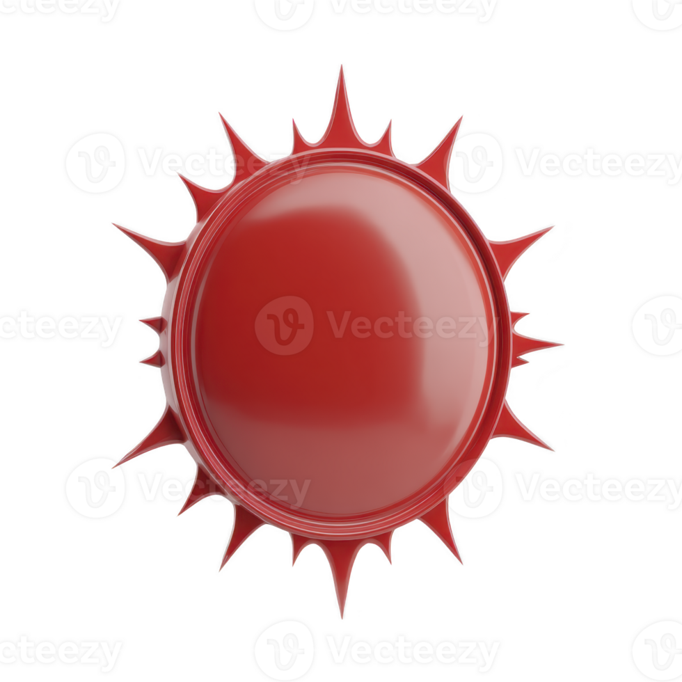 Shiny red circular emblem with spiky edges resembling sunburst design, set against transparent background. glossy finish adds modern and dynamic feel png