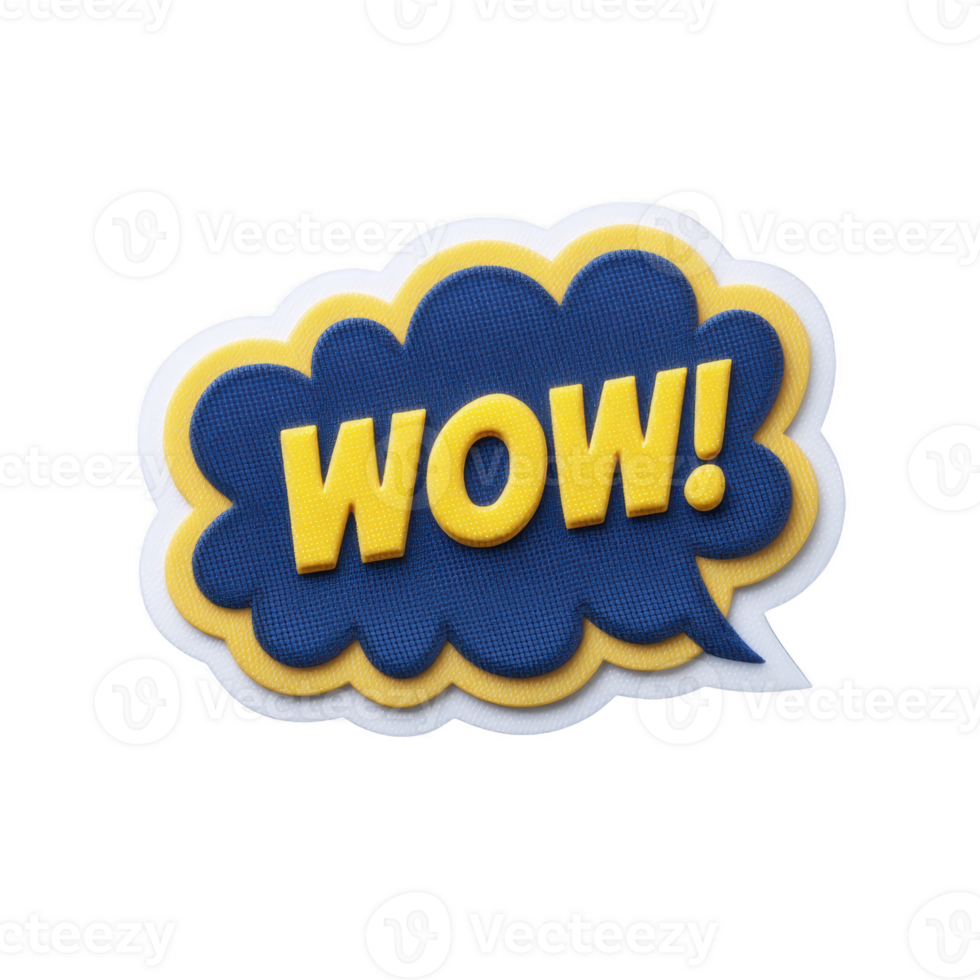 Vibrant speech bubble with word WOW in bold yellow letters on blue background, conveying excitement and surprise. design is playful and eye catching png
