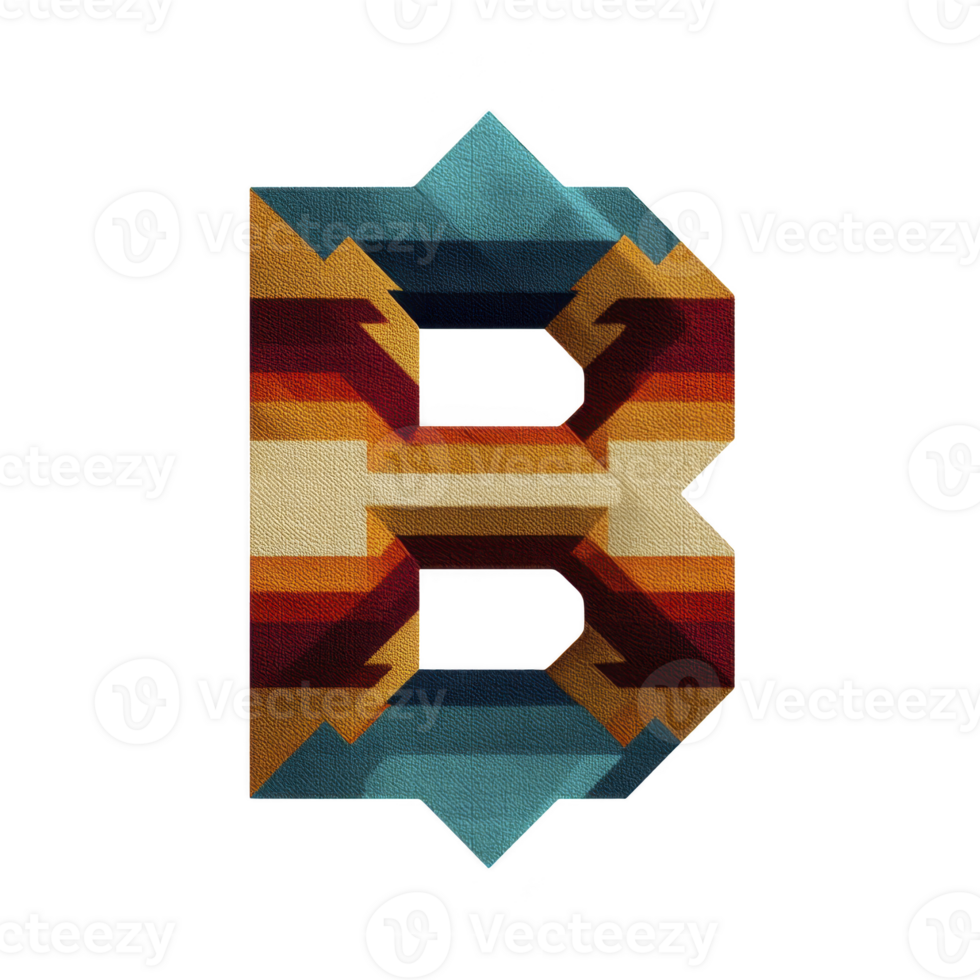 3D geometric letter B with retro color palette of blue, orange, and red, featuring textured surface and shadow effects, creating bold and dynamic visual png
