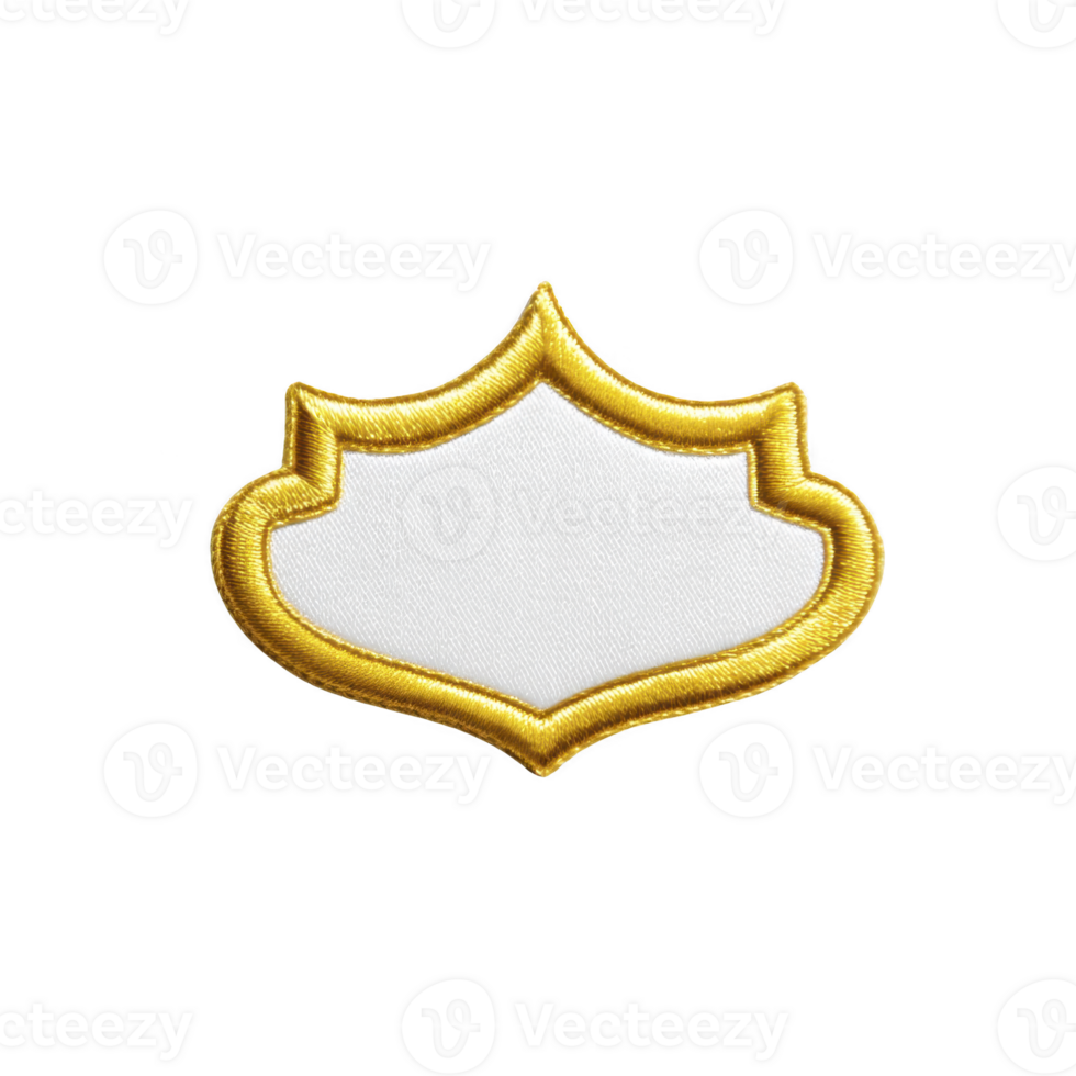 White fabric patch with gold embroidered border in shield shape, isolated on transparency background. patch is blank, allowing for customization or personalization png