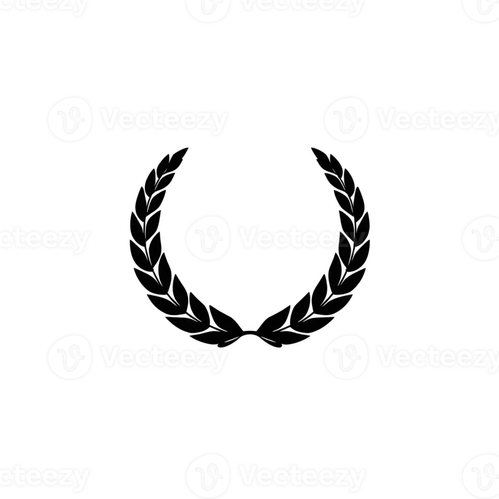 Black laurel wreath symbol on transparent background, often used to represent victory, achievement, or honor. symmetrical design features interlocking leaves forming circular shape png
